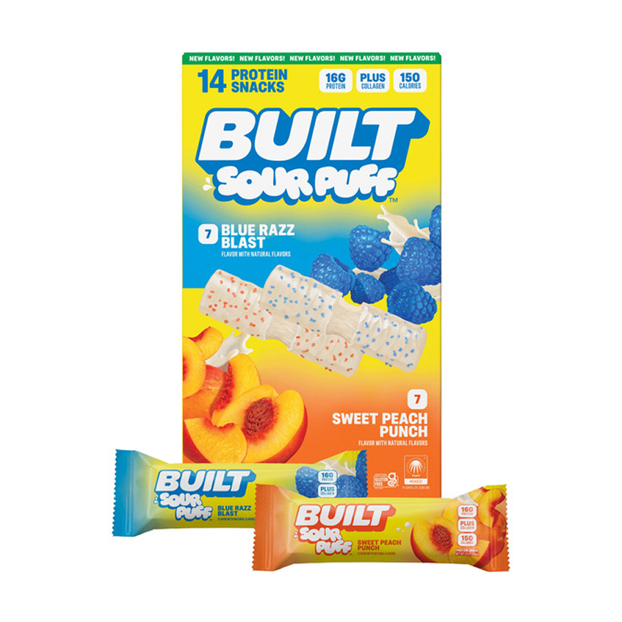 Built Sour Puff – Blue Razz Blast x Sweet Peach Punch (16gm Protein) –  41g x 14 Pack